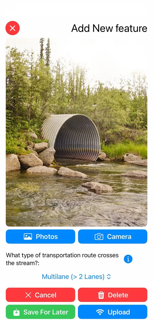 CANFISHPASS add-a-feature screen with a culvert photo and upload controls