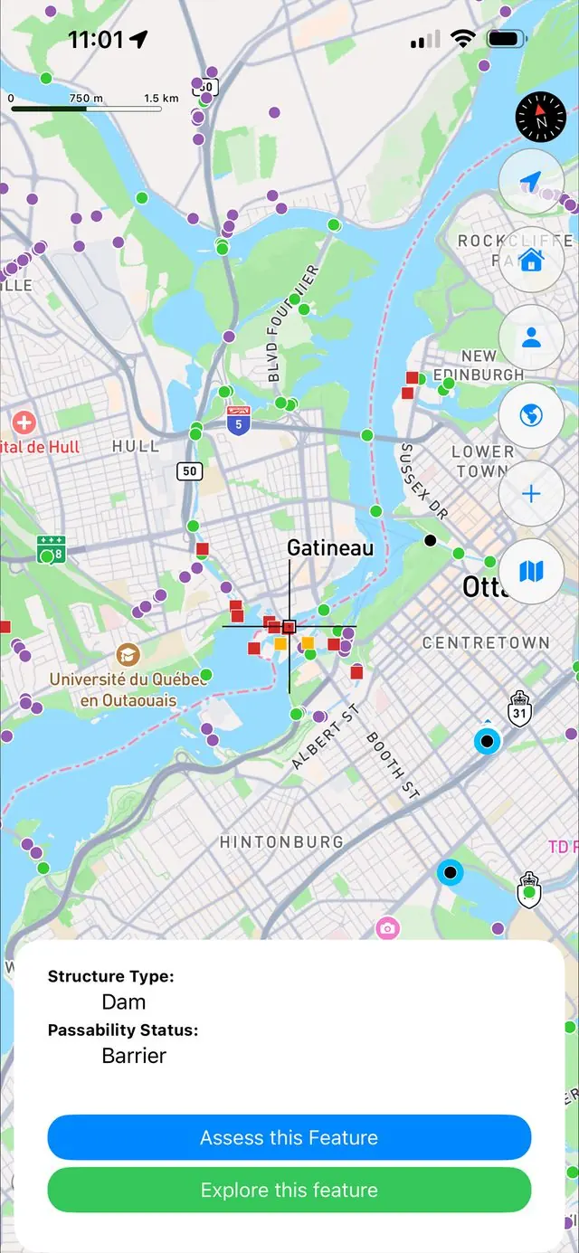 CANFISHPASS barrier map screen with colour-coded passability pins and a selected dam record